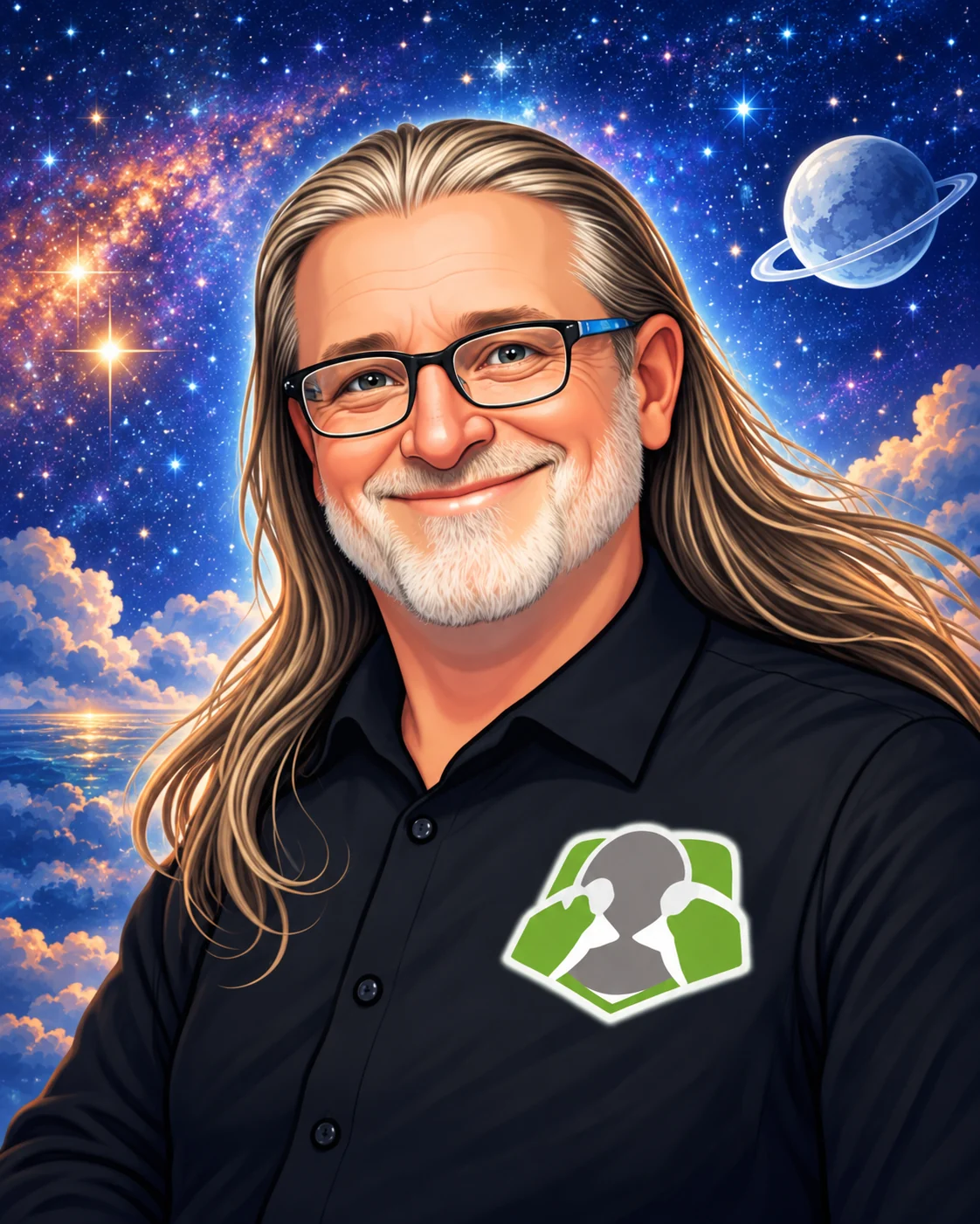 Illustrated portrait of Ken Knorr smiling against a starry sky